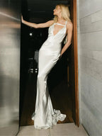 Silky Satin Evening Gown With Low Neck Backless Design Sleeveless Maxi Dress