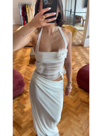 Halter Backless Sheer Mesh Maxi Dress With Floral Embellishment
