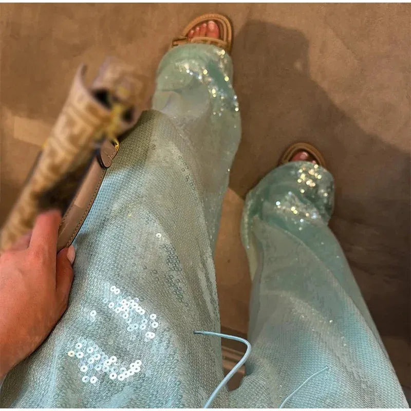 Sequined Solid Wide Leg Pants For Women With High Waist Loose Fit Trousers