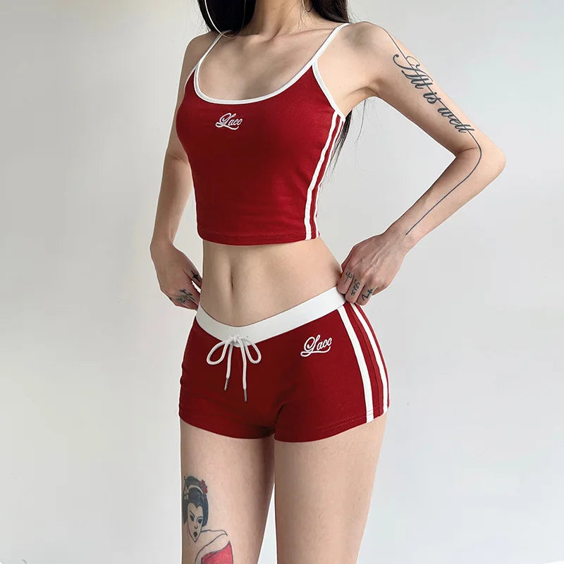 Embroidery Letter Contrast Set With Backless Camisole Top And Drawstring Elastic Shorts