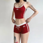 Embroidery Letter Contrast Set With Backless Camisole Top And Drawstring Elastic Shorts