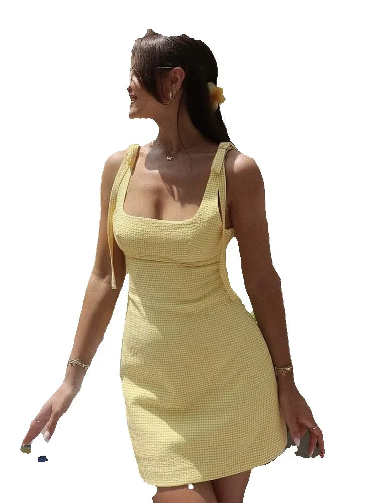 Sunny Yellow Camisole Dress For Women Mid Length Sleeveless Backless Collarless