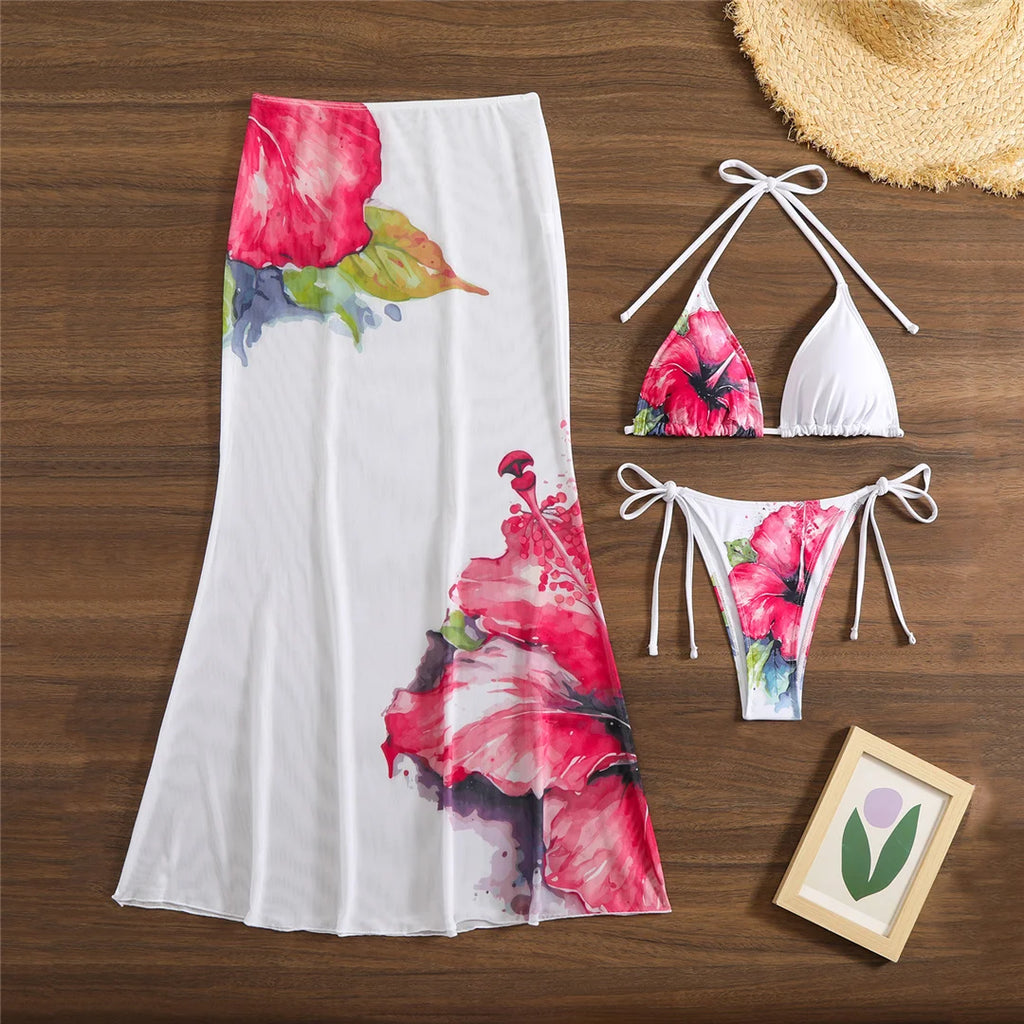 Flowers Printed With Skirt Halter Bikini Three-pieces Bikini set