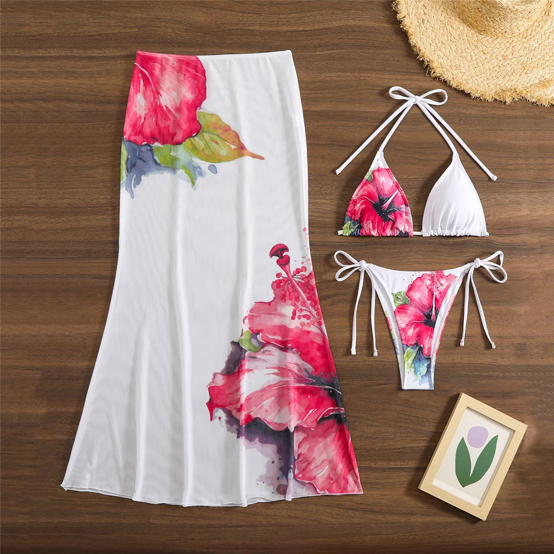 Flowers Printed With Skirt Halter Bikini Three-pieces Bikini set