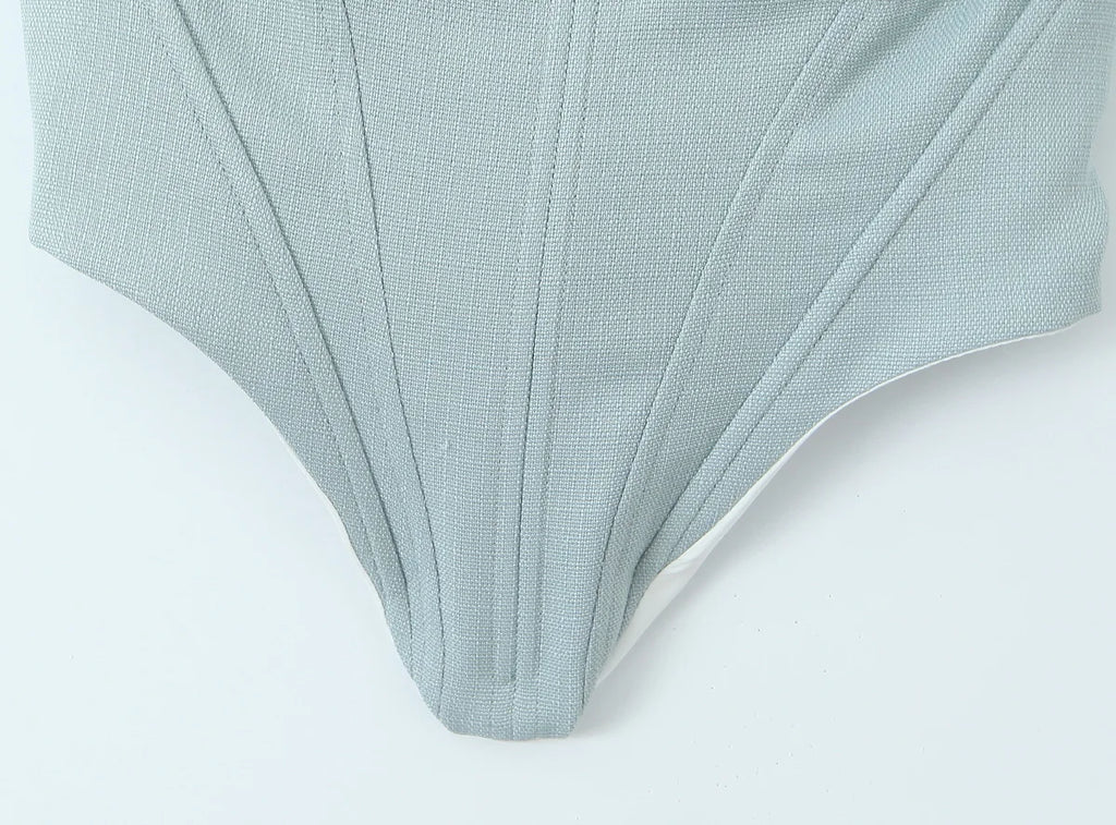 Sultry Gray And White Spliced Corset Crop Top With Fishbone Bodice