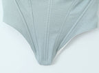 Sultry Gray And White Spliced Corset Crop Top With Fishbone Bodice