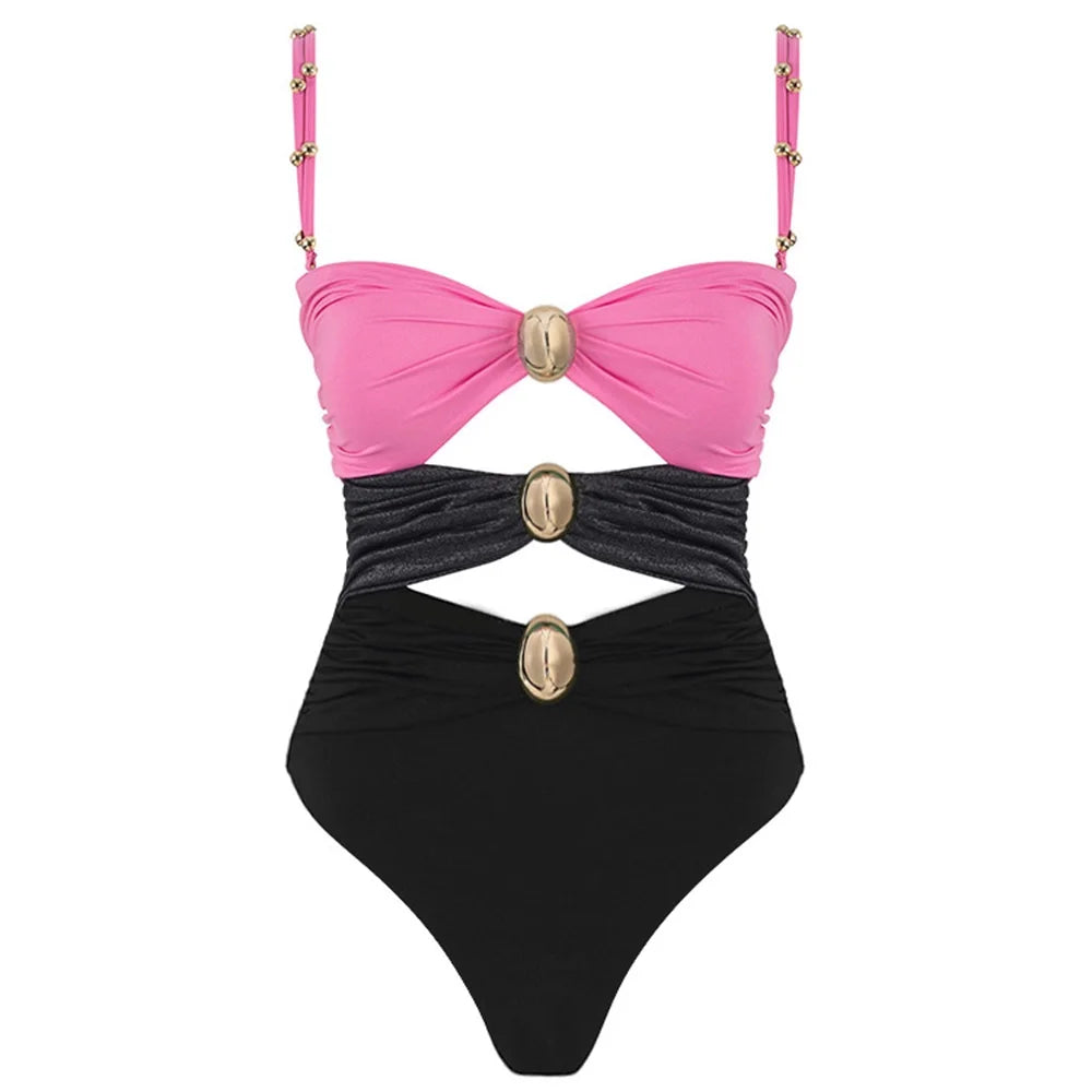 Off Shoulder Patchwork Belted One Piece Swimsuit With Cover Up for Beachside