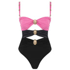 Off Shoulder Patchwork Belted One Piece Swimsuit With Cover Up for Beachside
