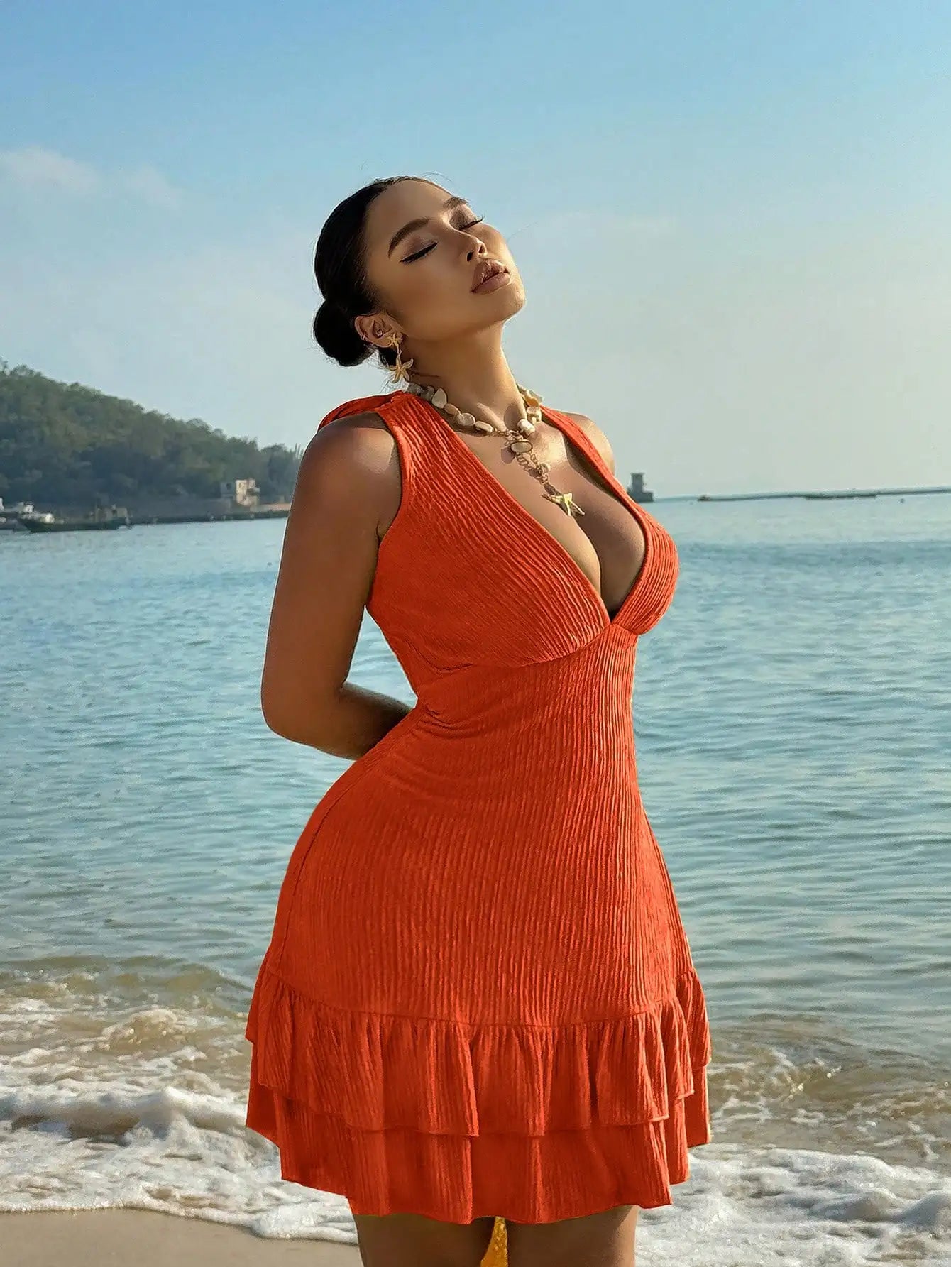 Plus Size Halter Dress With Deep V Neck And Ruffles