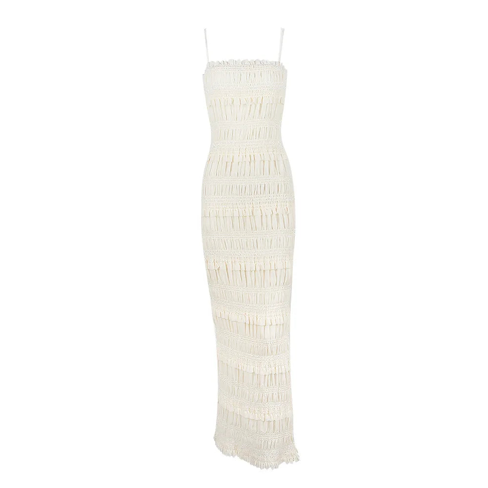 Elegant Formal Beige Slim Maxi Spaghetti Strap Wed Bride Dress