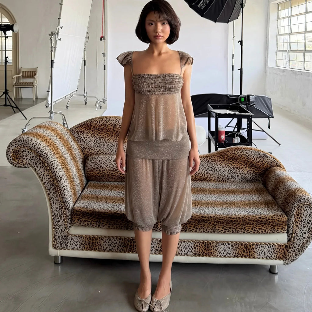 French Style Flying Sleeve Tank Top And Lantern Capri Pants Set