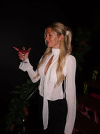 Sheer French-Style Chiffon Shirt with Ribbon Stand Collar Hollow-Out Front Placket Buttoned Waist-Cinching Short Top with Small Flutter Sleeves