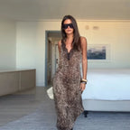 Leopard Print Maxi Dress With Lace Trim And Spaghetti Straps