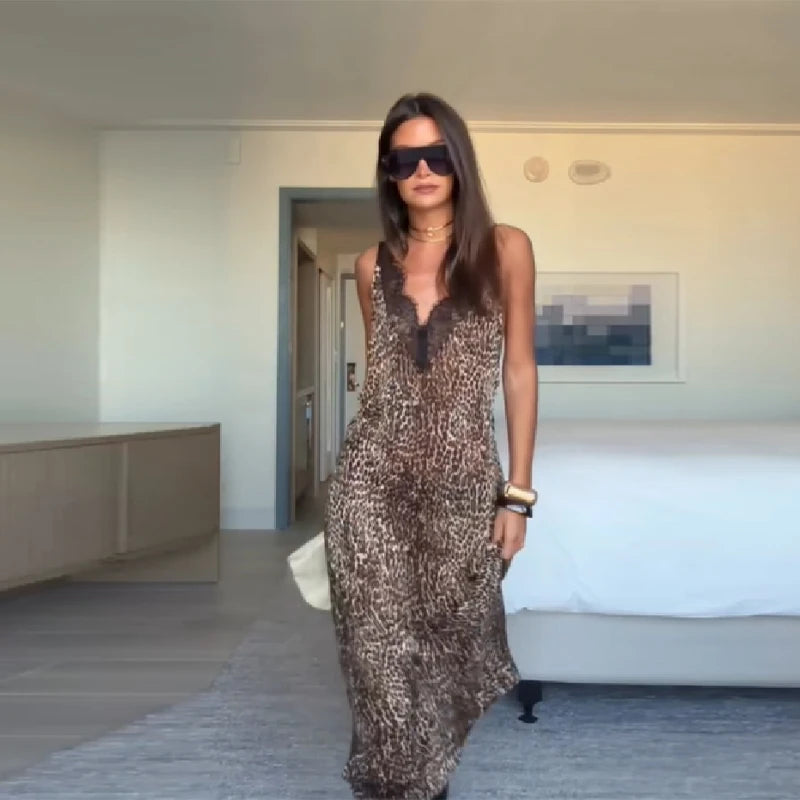 Leopard Print Maxi Dress With Lace Trim And Spaghetti Straps