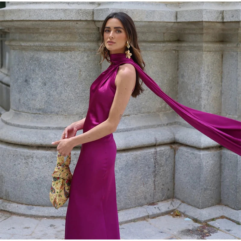 Sexy Satin Ribbon Backless Halter Dress For Elegant Evening Gown
