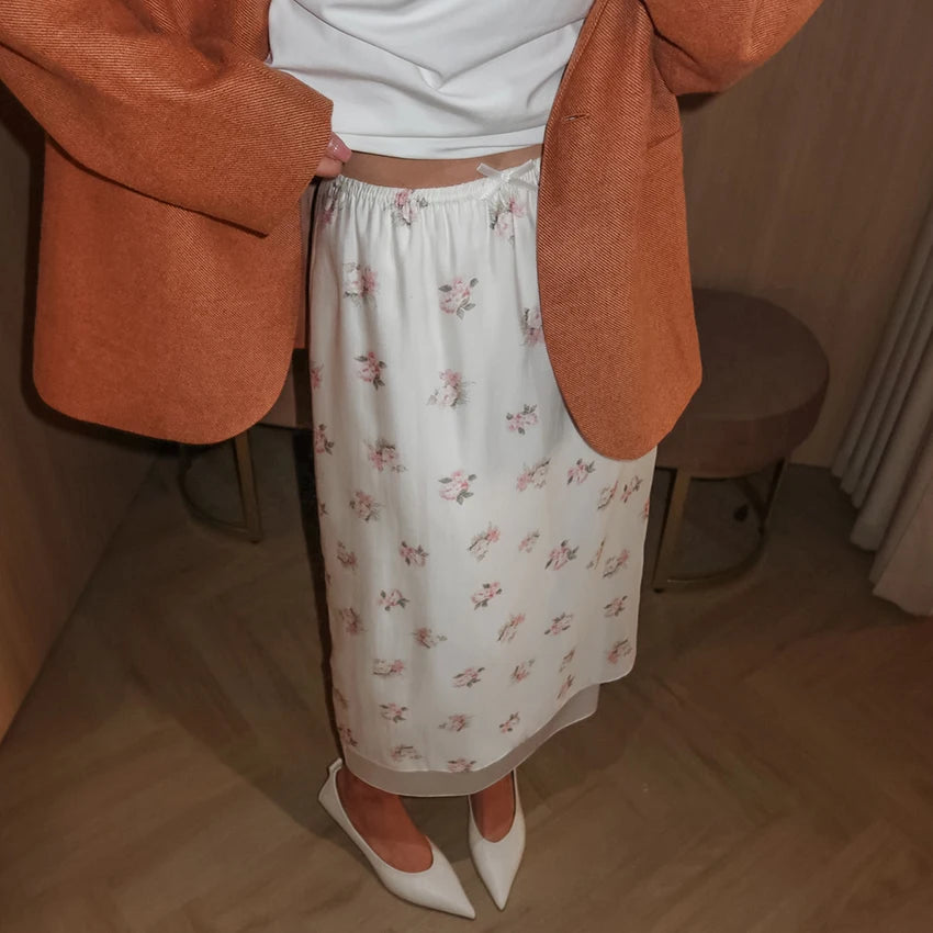 Vintage Mesh High Waist Long Skirt With Print And Bow Detail