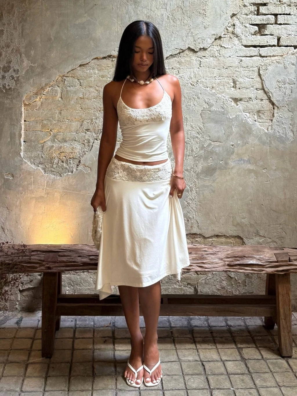 White Lace Patchwork Halter Set With Tank Top And A Line Skirt