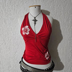 Harajuku Floral Halter Top With Backless Sleeveless V Neck Tank