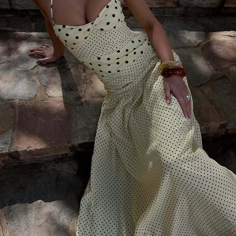 Backless Lace Up Polka Dot Maxi Dress