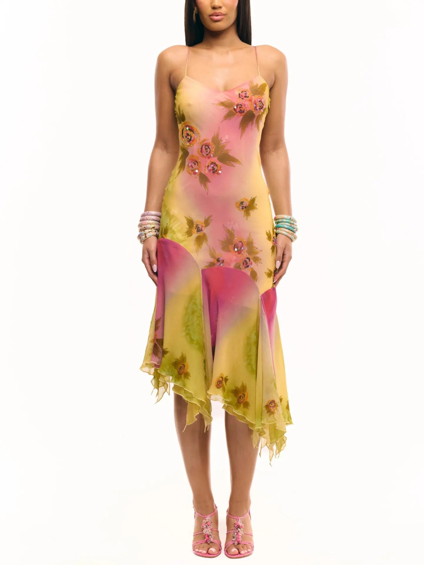 Floral Off Shoulder Sequined Dress With Irregular Hem