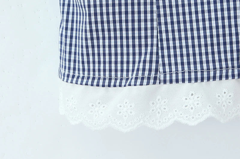 Vintage Lapel Collar Puff Sleeve Lace Patchwork Sweet Plaid Single Breasted Blouse