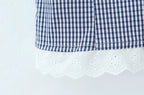 Vintage Lapel Collar Puff Sleeve Lace Patchwork Sweet Plaid Single Breasted Blouse