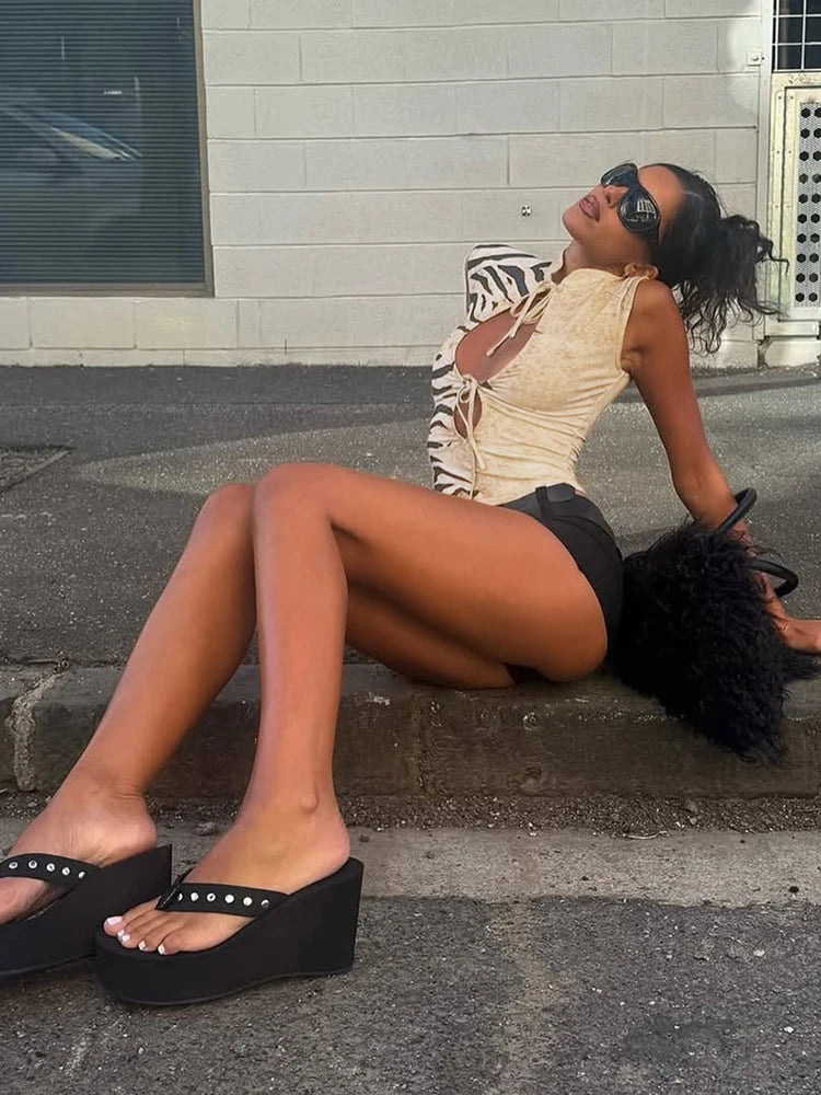 Tiger Print Top With Standing Collar And Tassel Details
