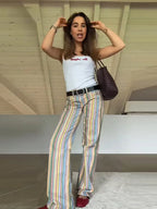 Vivid Multicolor Stripe Wide Leg Jeans With Pockets Low Waist Denim Trousers