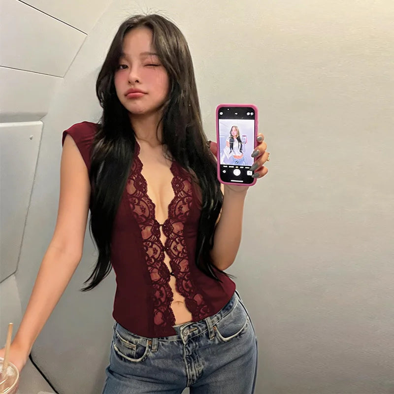 Flirty Lace Sheer V Neck Sleeveless Crop Top With Button Front Slim Fit