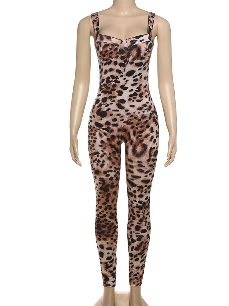 Leopard Print Sleeveless Jumpsuit For Women