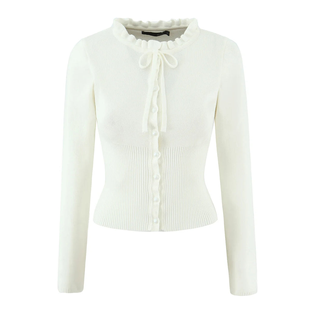 Lacing Up Bow Woodears O neck Open Buttons Through Crop Pointelle Knitted Cardigan Sweater Woman Jumper Knitwear