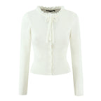 Lacing Up Bow Woodears O neck Open Buttons Through Crop Pointelle Knitted Cardigan Sweater Woman Jumper Knitwear
