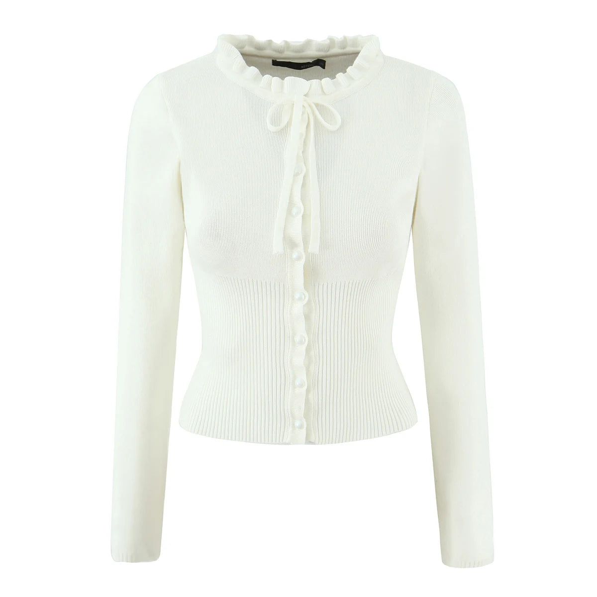 Lacing Up Bow Woodears O neck Open Buttons Through Crop Pointelle Knitted Cardigan Sweater Woman Jumper Knitwear
