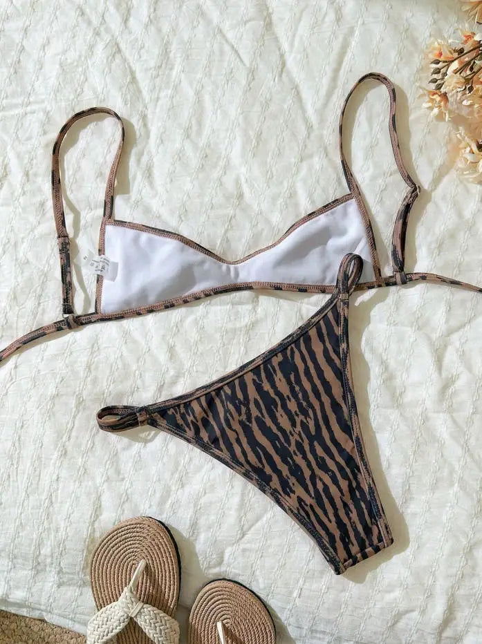 Sexy Micro Print Patchwork Bikini Set Women Pleated Push Up Bra Hollow Out Thong Swimsuit
