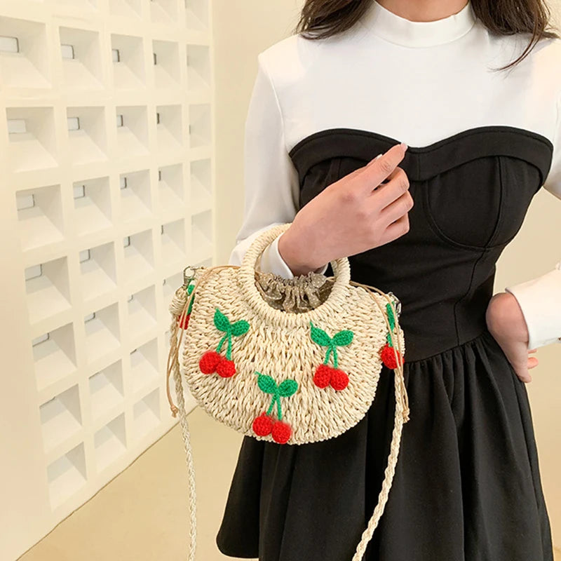 Cherry Deco Chic Shoulder Bag Mini Basket Purse Paper Weave Handmade