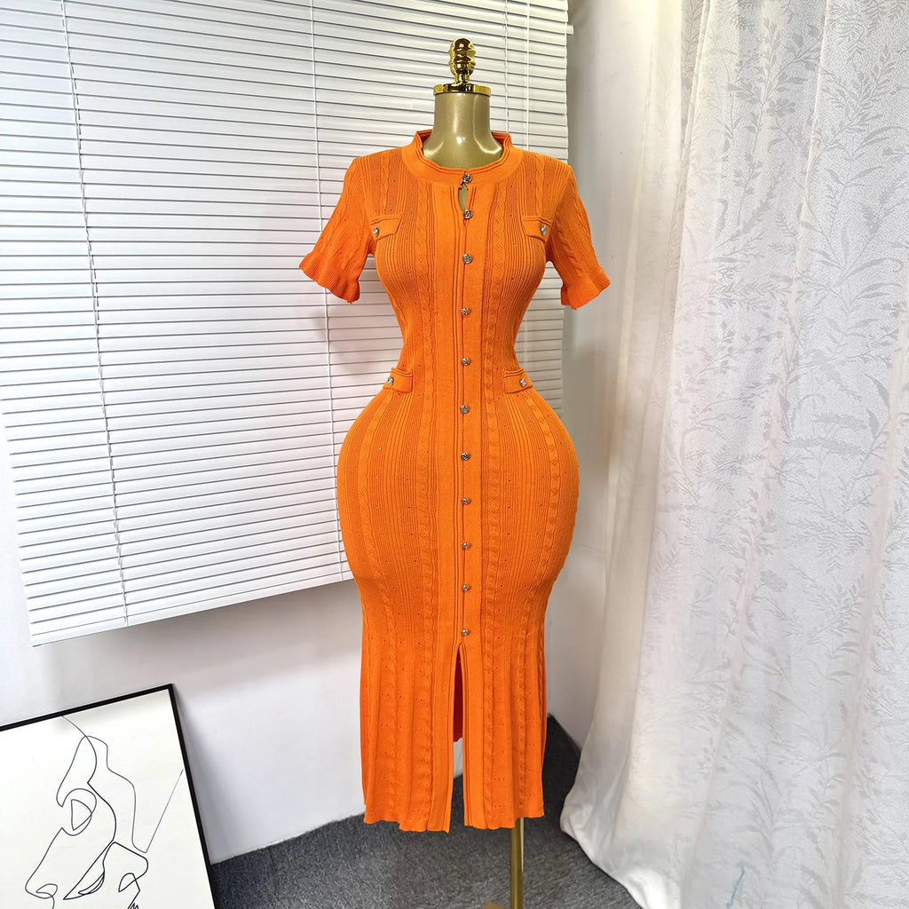 Knit Ribbed Bodycon Midi Dress With O Neck And Short Sleeves