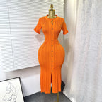 Knit Ribbed Bodycon Midi Dress With O Neck And Short Sleeves