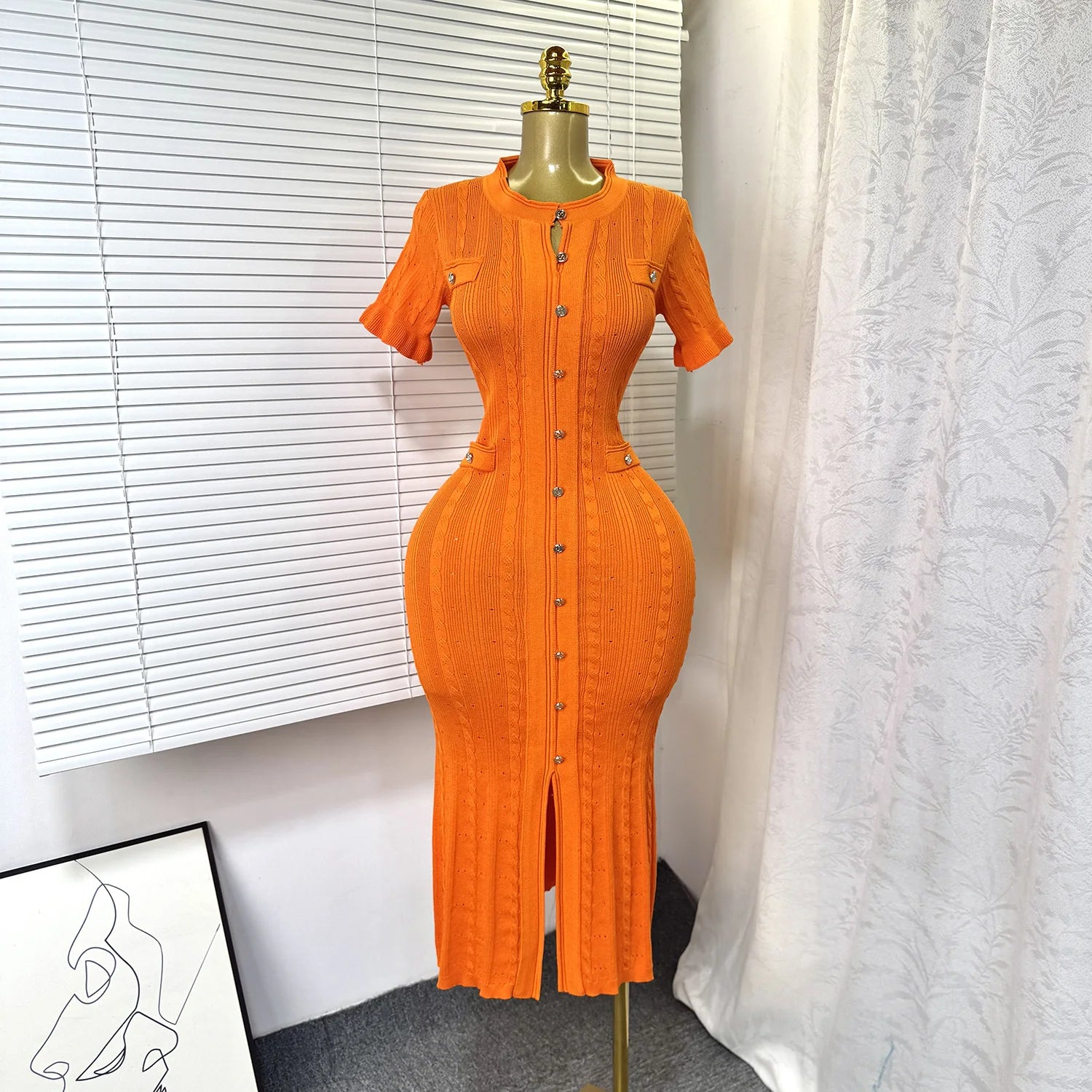 Knit Ribbed Bodycon Midi Dress With O Neck And Short Sleeves
