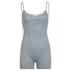 Lace Bow Detail Solid Color Jumpsuit High Stretch Form Fitting