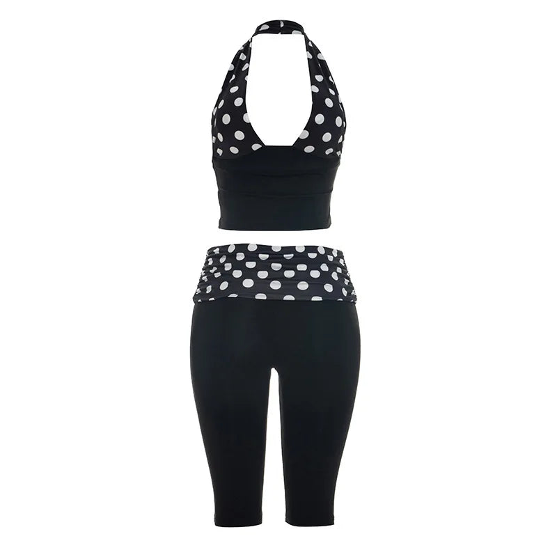 Patchwork Polka Dot Print Two Piece Set With Backless Halter Crop Top And Pleated Waist Capri Pants