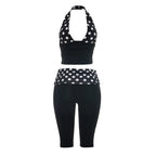 Patchwork Polka Dot Print Two Piece Set With Backless Halter Crop Top And Pleated Waist Capri Pants