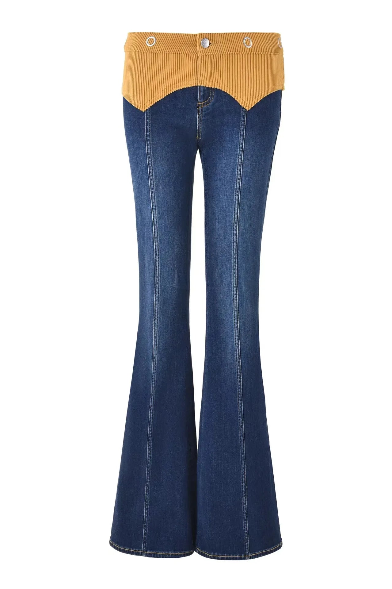 L Corduroy Panel Denim Halter Bustier Top + Flare Jeans