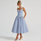Gingham Square Neck A-Line Midi Dress With Pockets