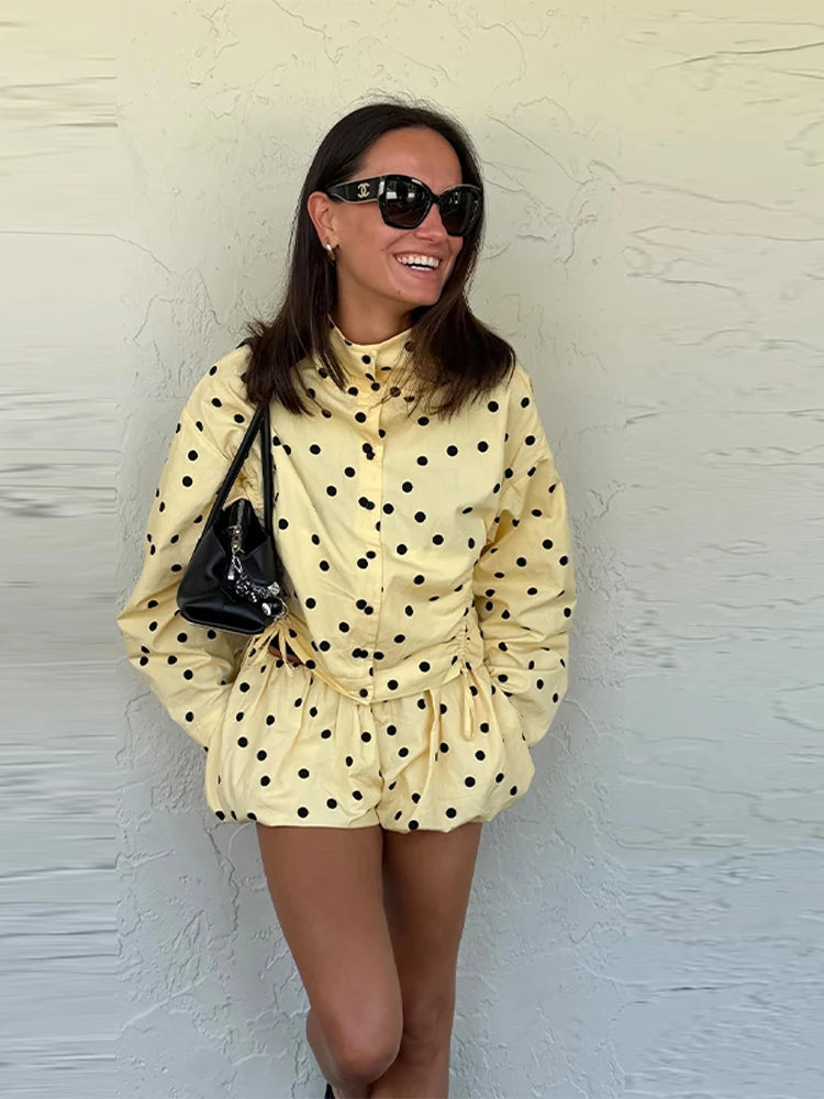 Yellow Polka Dot Pleated Set With Balloon Shorts And Cropped Top