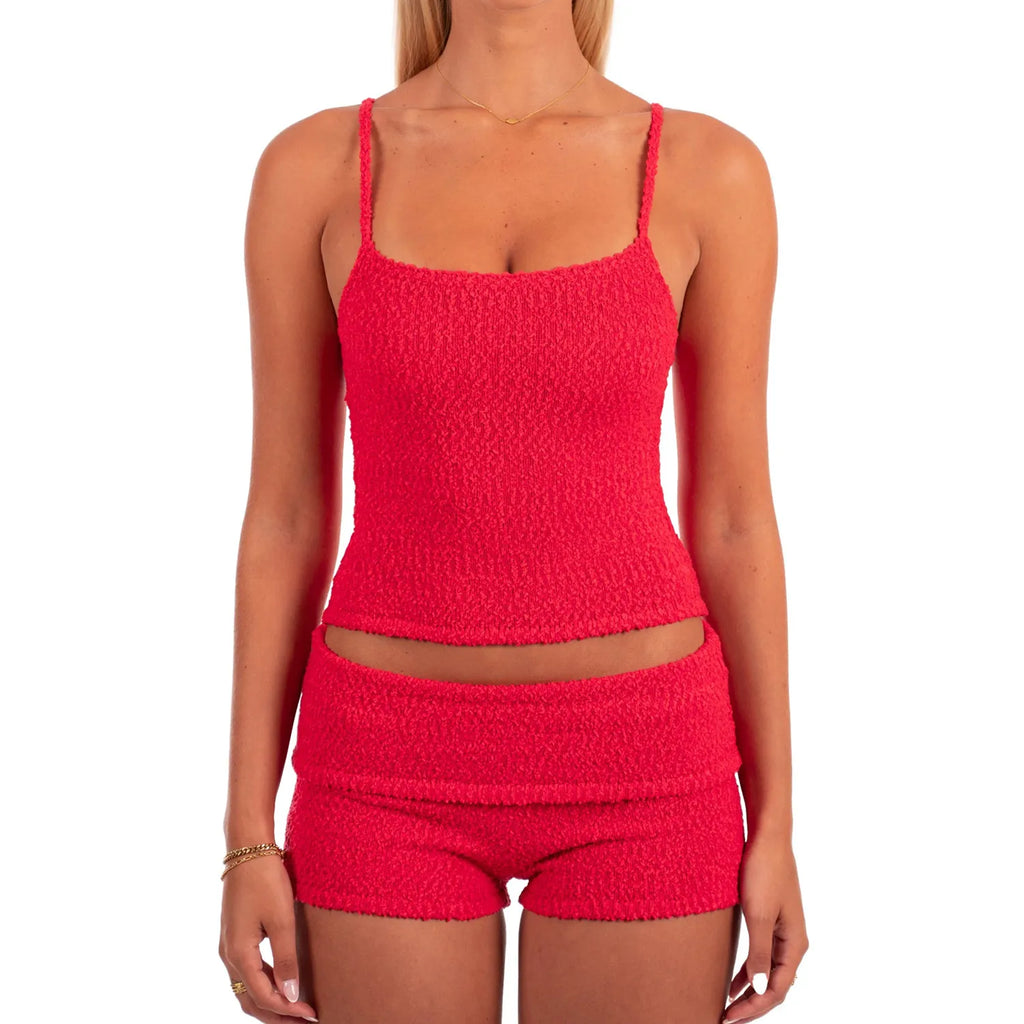 Textured Spaghetti Strap Crop Top Two-piece Set With Foldover High Waist Shorts