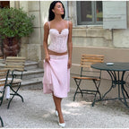 Delicate Lace Corset Cami And Midi Skirt Set Slim Fit Sleeveless Romantic Outfit
