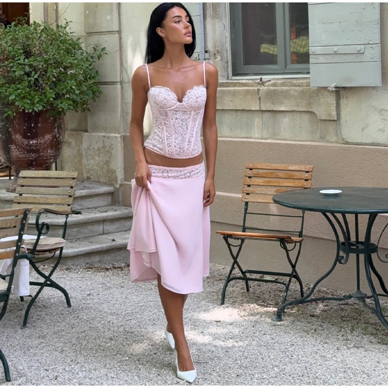 Delicate Lace Corset Cami And Midi Skirt Set Slim Fit Sleeveless Romantic Outfit