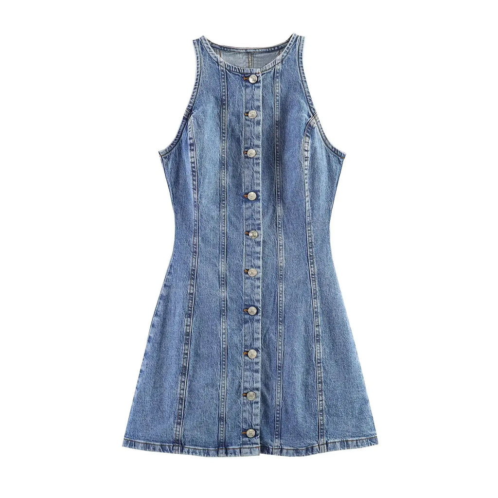 Casual Denim Mini Dress For Women Sleeveless Round Collar Single Breasted Slim Fit