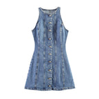 Casual Denim Mini Dress For Women Sleeveless Round Collar Single Breasted Slim Fit