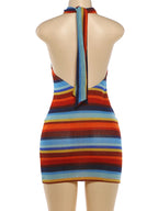 Stripe Patchwork Bodycon Mini Dress Halter Backless Off Shoulder